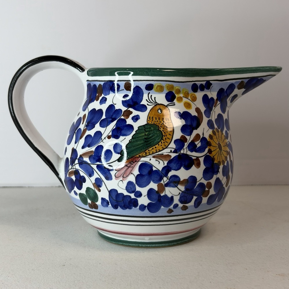 Deruta Italian Majolica Pitcher Hand Painted Arabesco Bird Floral Signed Augusto